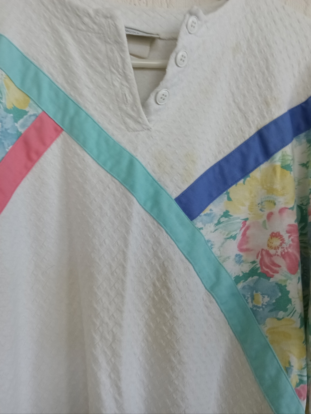 Koret White Floral Panel Colorblock Sweater Vintage Pastel Pink Blue Textured LG - Picture 3 of 12